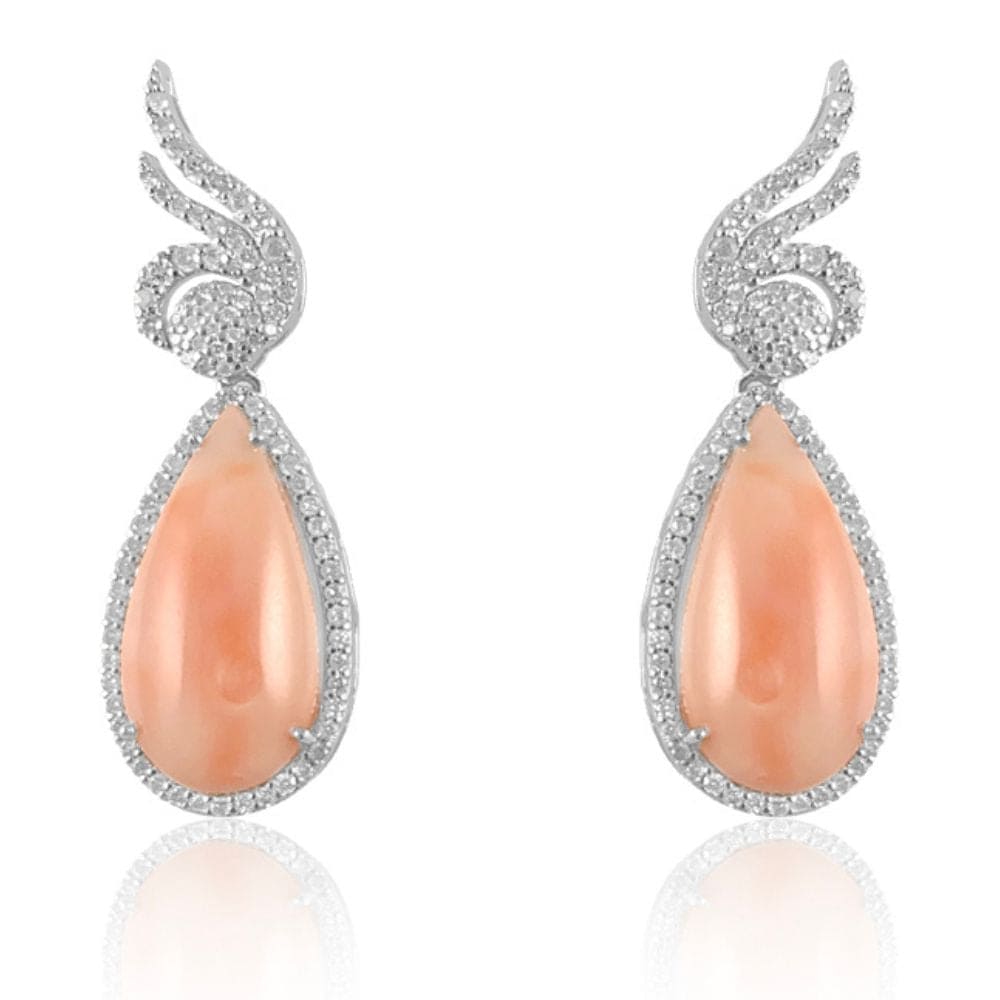 Pink Coral Drop & Diamond Winged Earrings