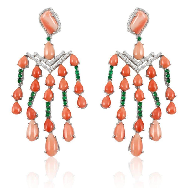  Pink Coral & Tsavorite and Diamond Big Dangler, beautiful and elegant. Pink Coral & Tsavorite with Diamond Dangler, beautiful and elegant.  Pink Coral Tsavorite Diamonds Silver with Rhodium Plated Gold Post