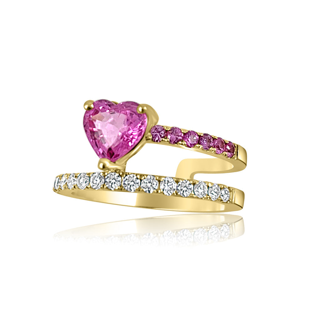 14K Rose Gold of Pink Sapphire Heart  with Diamond Ring.  14K Rose Gold  weight: 2.85 grams 7 Pink Sapphire: 1.22 ct 15 Diamonds: 0.25