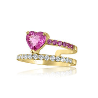 14K Rose Gold of Pink Sapphire Heart  with Diamond Ring.  14K Rose Gold  weight: 2.85 grams 7 Pink Sapphire: 1.22 ct 15 Diamonds: 0.25