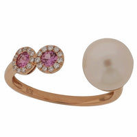  Rose Gold with Pink Sapphire & Pearl Open Rings  18K Rose Gold weight: 1.786 grams Diamonds: 0.081 ct Pink Sapphire: 0.23 ct White Pearl: 3.908 ct