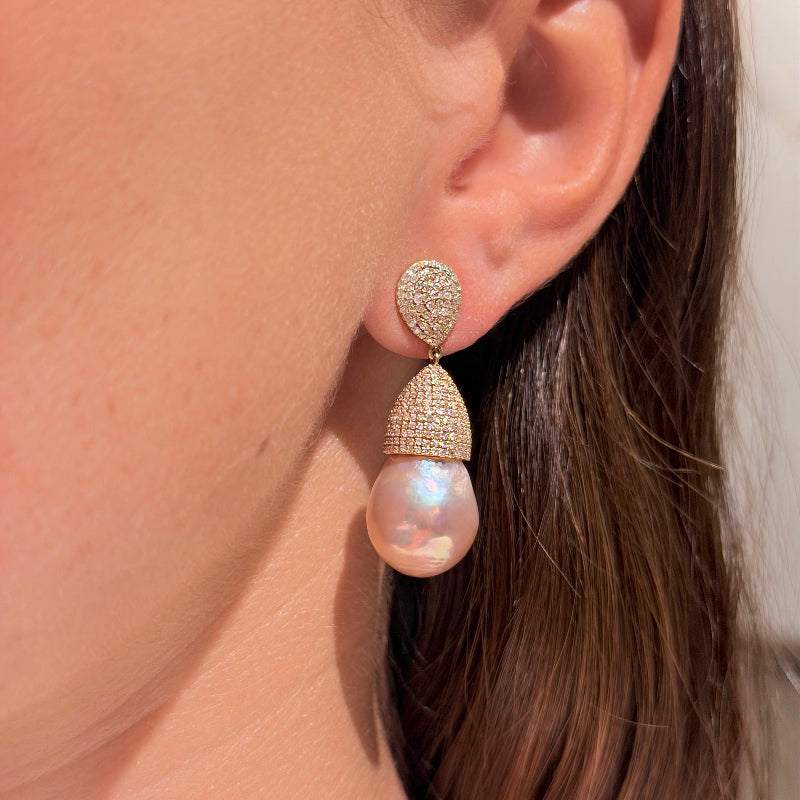 Pink Pearl & Diamond on Yellow Gold Earrings