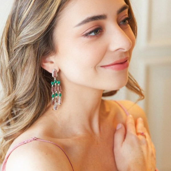 Pink Tourmaline & Emerald with Diamond Chandelier Earrings