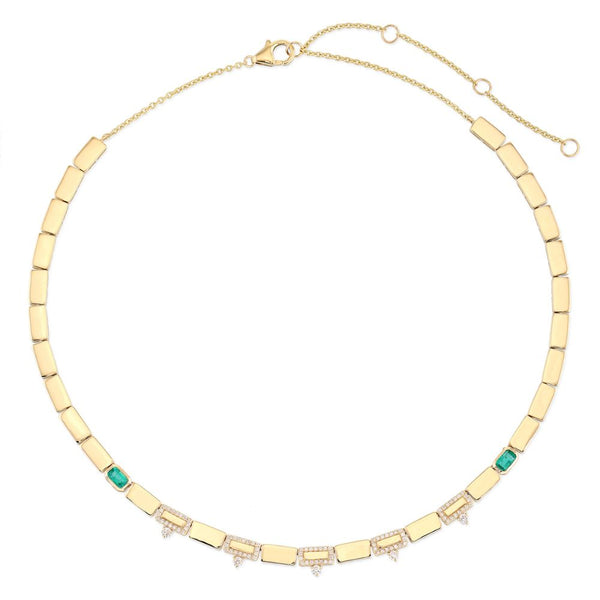 Modern Pressed Square Gold with Emerald & Diamond Necklace.  14K Yellow Gold weight: 41 grams Diamond: 1.44 ct 2 Emerald: 1.95 ct