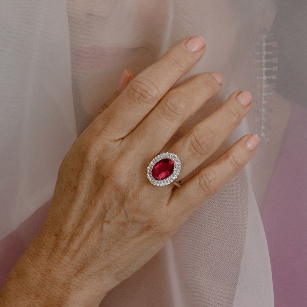  Rubellite & Diamond Ring in 18K White Gold  Diamond: 0.93 ct Rubellite: 5.46 ct 18K White Gold weight: 5.45 grams