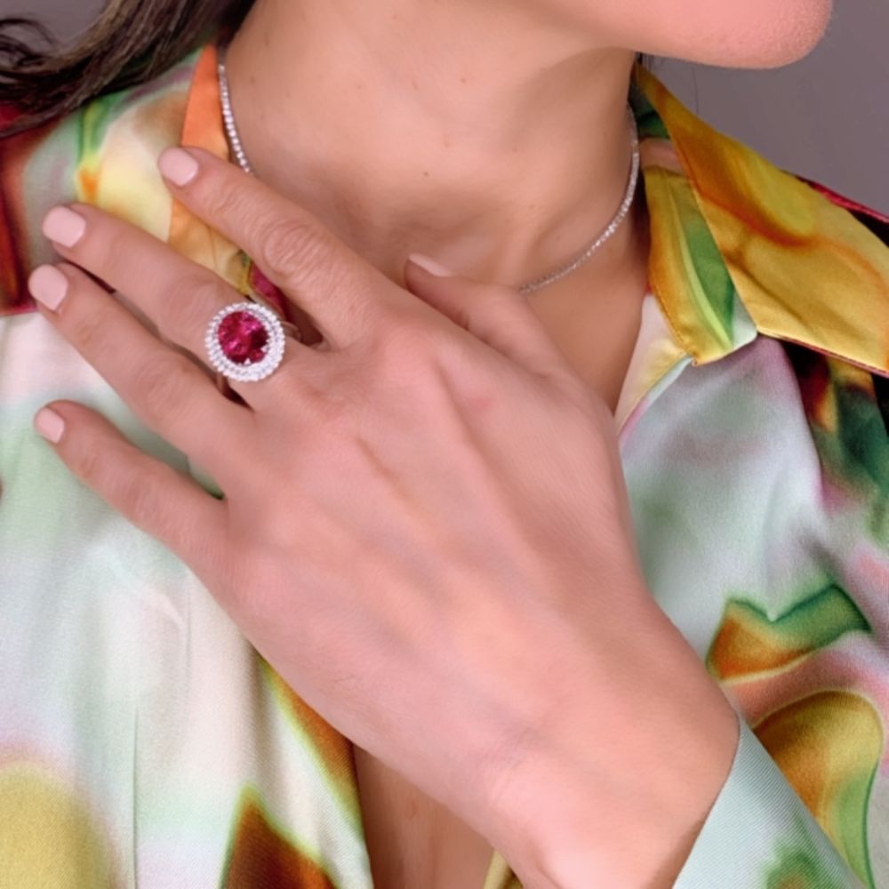 Rubellite & Diamond Ring in 18K White Gold