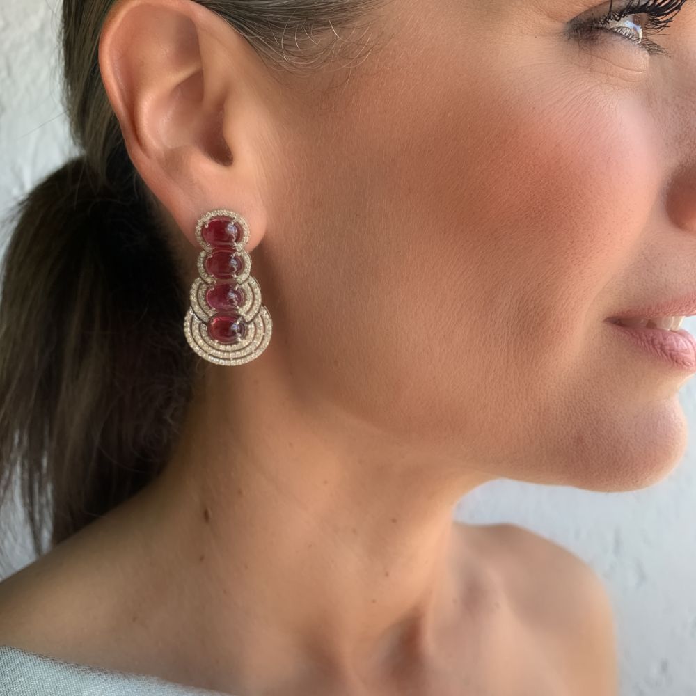 This pair of earrings are perfect for special occasions, this design gives the piece a exotic and unique touch.  Rubellite & Diamond Vintage Earrings.