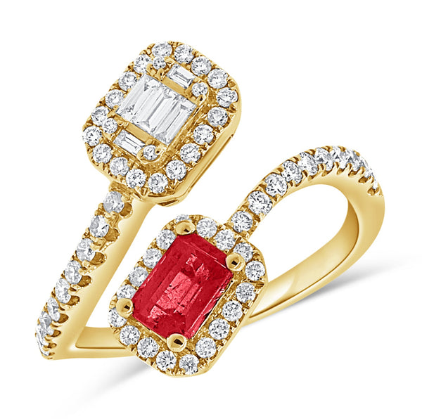 Ruby & Diamond Baguette Square with 14K Yellow Gold Rings.  14K Yellow Gold weight: 4.34 grams 5 Baguette: 0.13 ct 60 Diamond: 0.57 ct 4 Ruby: 0.60 ct