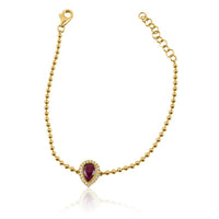 Ruby & Diamond Drop with Pellet Chain Bracelets.  14K Yellow Gold weight: 3.33 grams 1 Ruby: 0.98 ct 22 SC: 0.60 ct