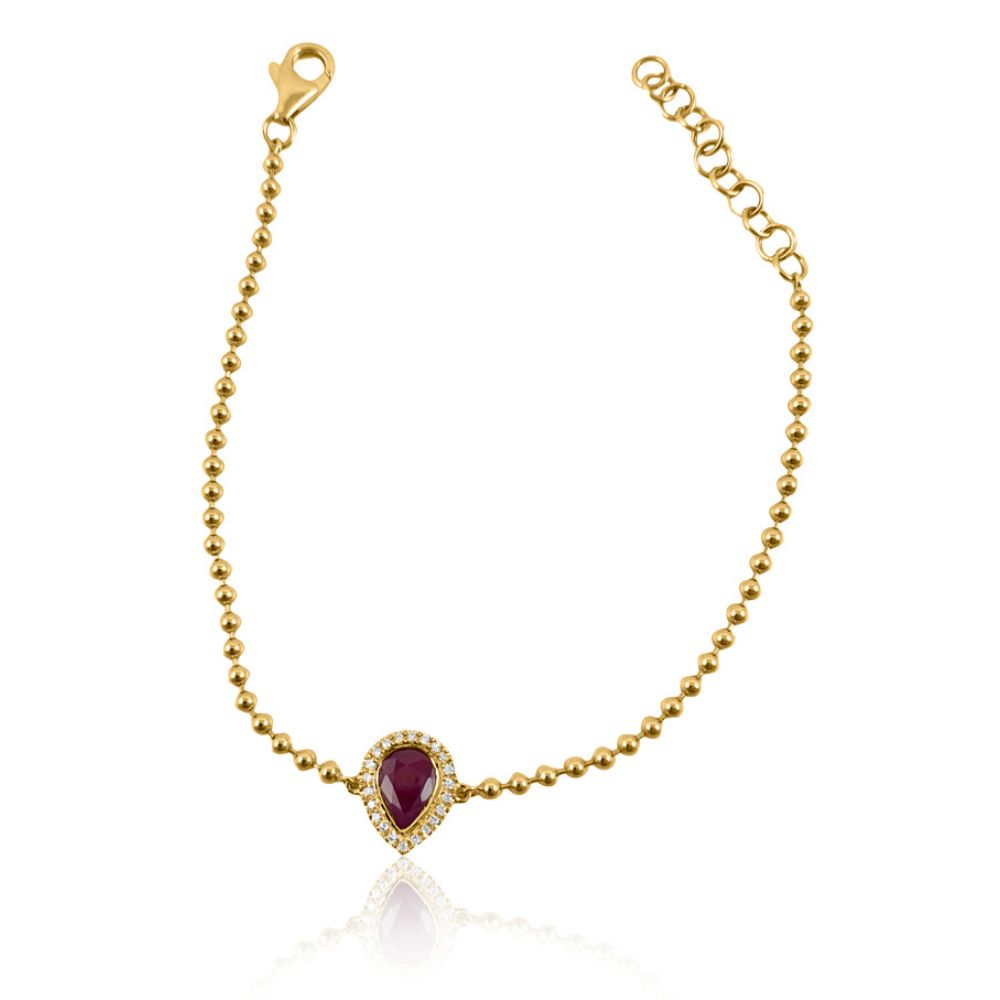 Ruby & Diamond Drop with Pellet Chain Bracelets.  14K Yellow Gold weight: 3.33 grams 1 Ruby: 0.98 ct 22 SC: 0.60 ct