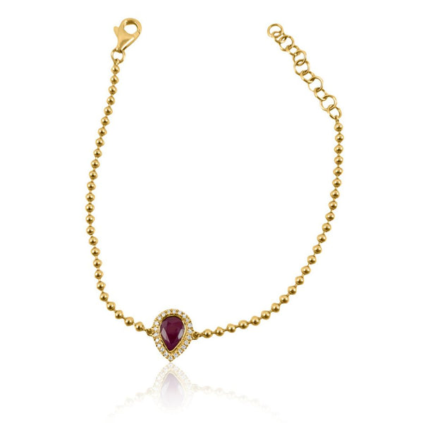 Ruby & Diamond Drop with Pellet Chain Bracelets.  14K Yellow Gold weight: 3.33 grams 1 Ruby: 0.98 ct 22 SC: 0.60 ct