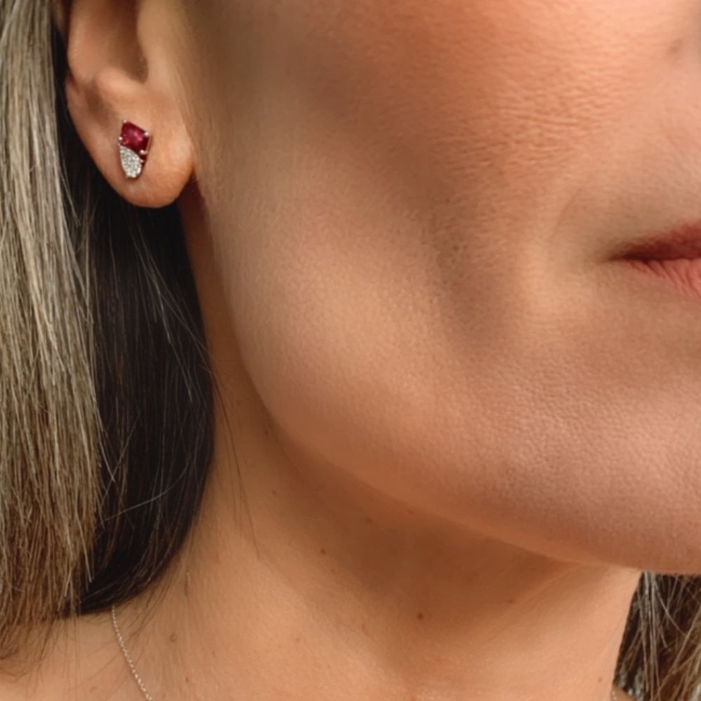  14K White Gold Diamond & Ruby Huggies Earrings