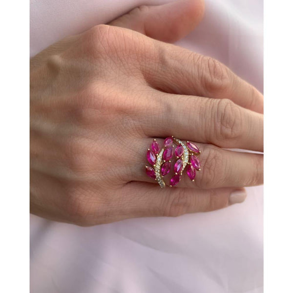 Ruby & Diamond Vine Leaf 14K Yellow Gold Rings