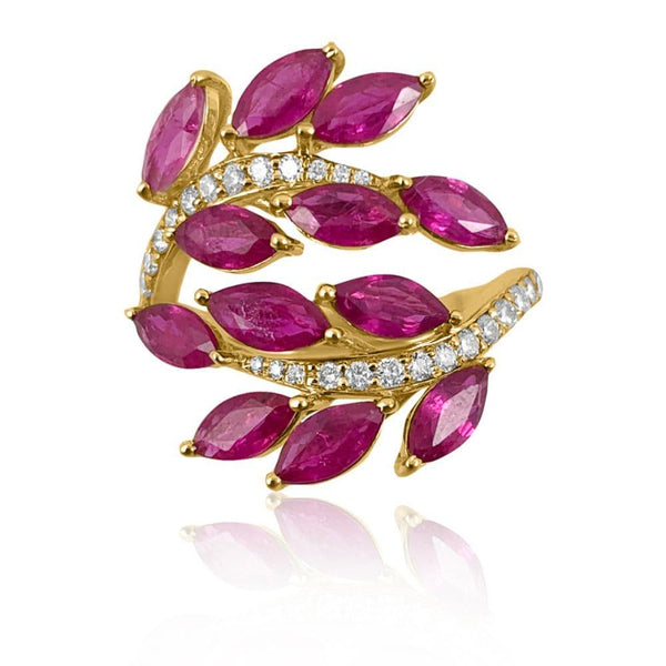 Ruby & Diamond Vine Leaf 14K Yellow Gold Rings.  14K Yellow Gold: 3.36 grams Ruby: 2.85 ct Diamond: 0.28 ct