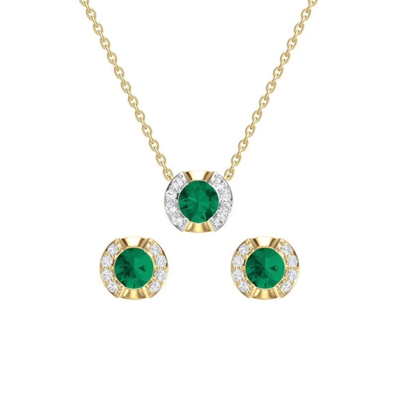 Set Round Emerald and Diamonds Necklace & Earrings