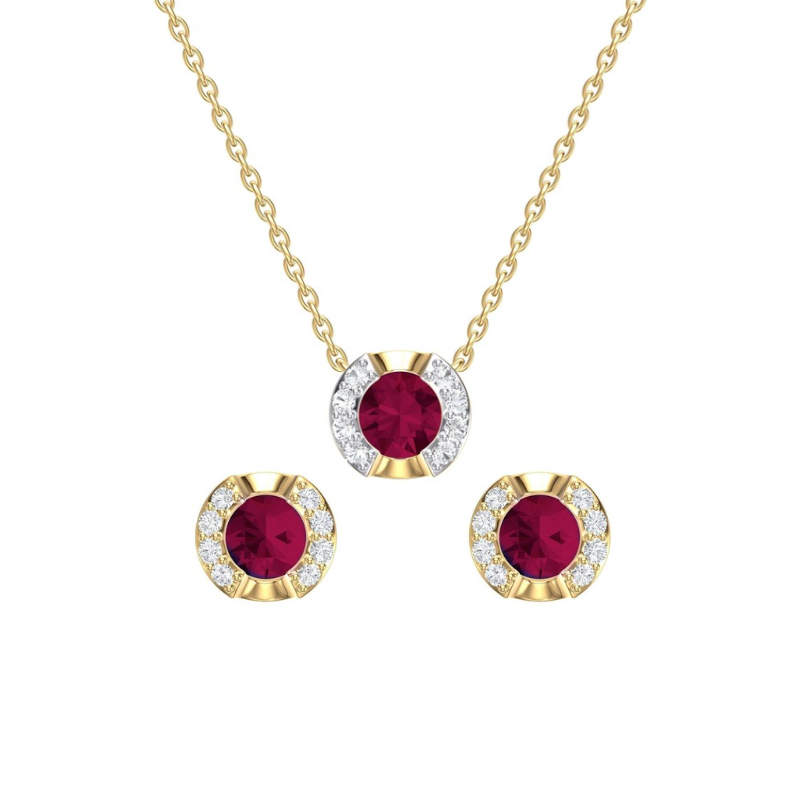 Set of 14K Yellow Gold with Ruby and Diamonds Necklace and Earrings.