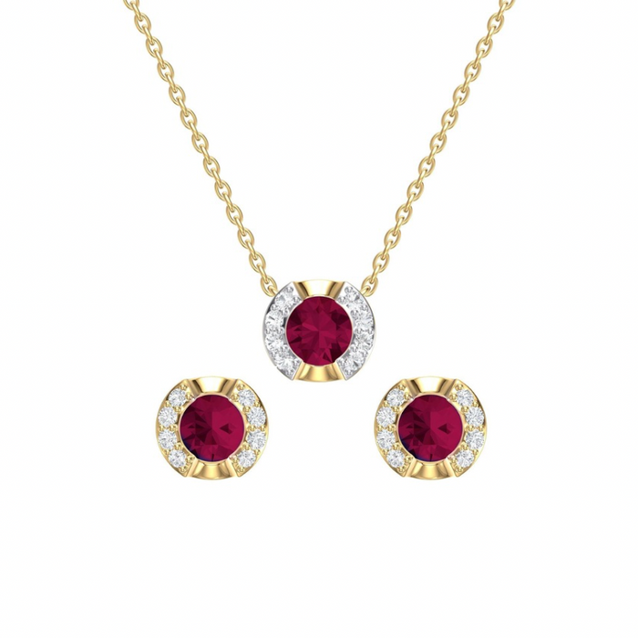 Set of 14K Yellow Gold with Ruby and Diamonds Necklace and Earrings.