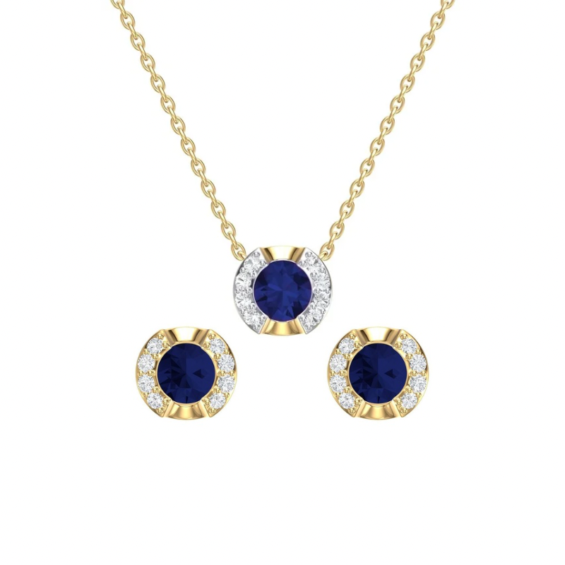 Set of 14K Yellow Gold with Blue Sapphire and Diamonds Necklace and Earrings.