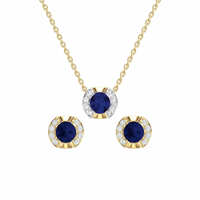 Set of 14K Yellow Gold with Blue Sapphire and Diamonds Necklace and Earrings.