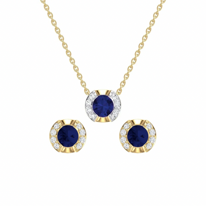 Set of 14K Yellow Gold with Blue Sapphire and Diamonds Necklace and Earrings.