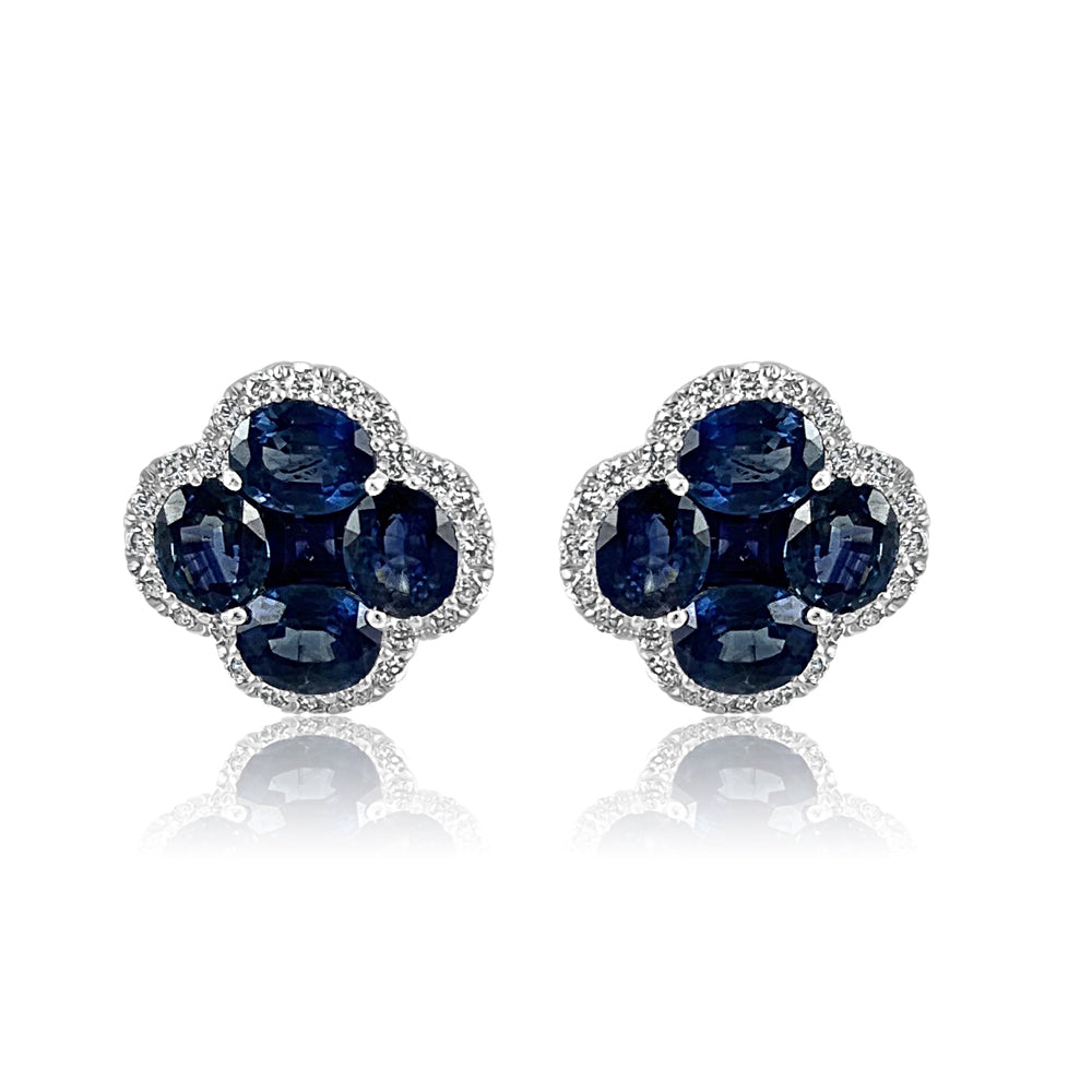 Sapphire & Diamond Clover with 14K White Gold Stud Earrings