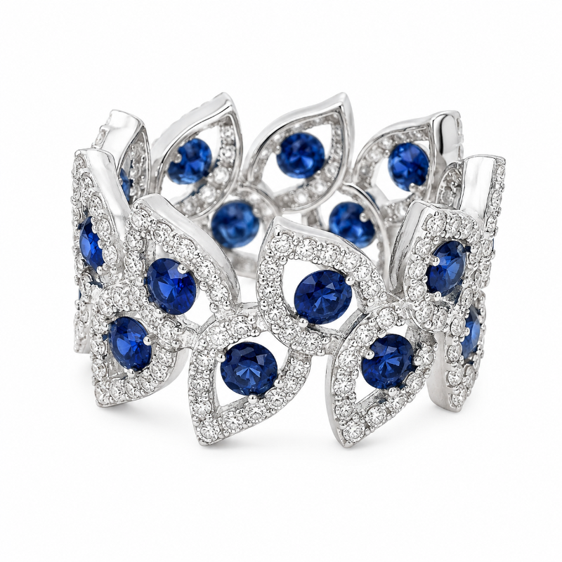 Sapphire & Diamonds on 18K White Gold Crown Style Ring
