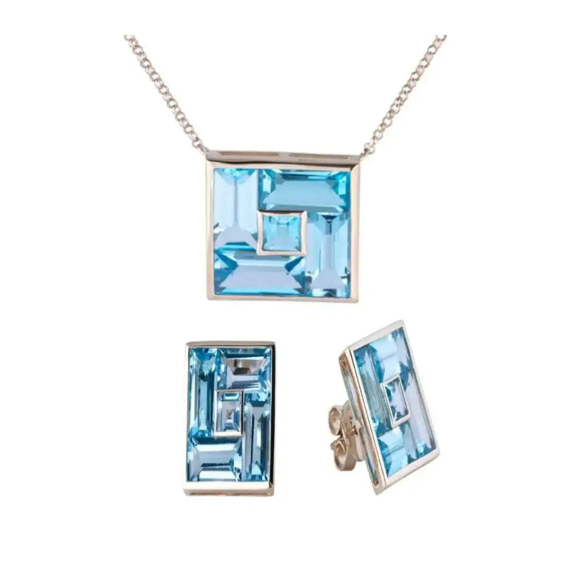 Set Baguette Blue Topaz Pendant Necklace & Earrings