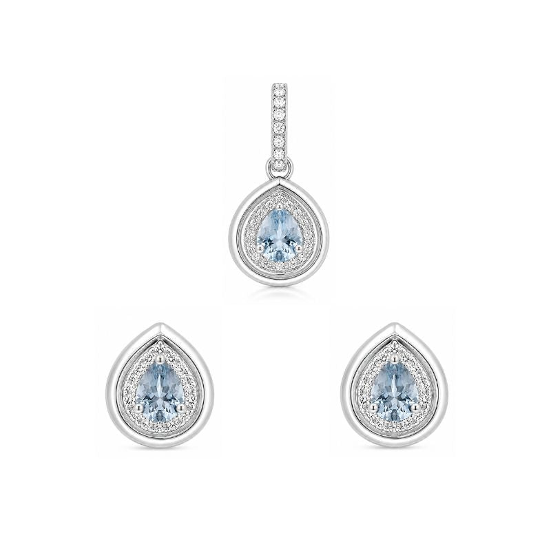 Set of 18K White Gold Drop Aquamarine with Diamonds Pendant & Earrings
