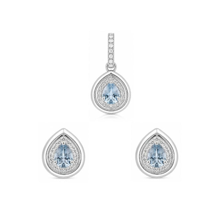 Set of 18K White Gold Drop Aquamarine with Diamonds Pendant & Earrings