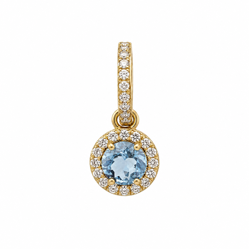 Set of 18K Yellow Gold Aquamarine & Diamonds Pendant & Earrings