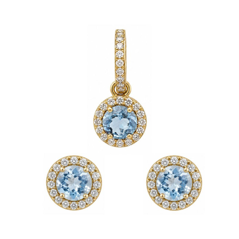 Set of 18K Yellow Gold Aquamarine & Diamonds Pendant & Earrings