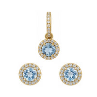 Set of 18K Yellow Gold Aquamarine & Diamonds Pendant & Earrings