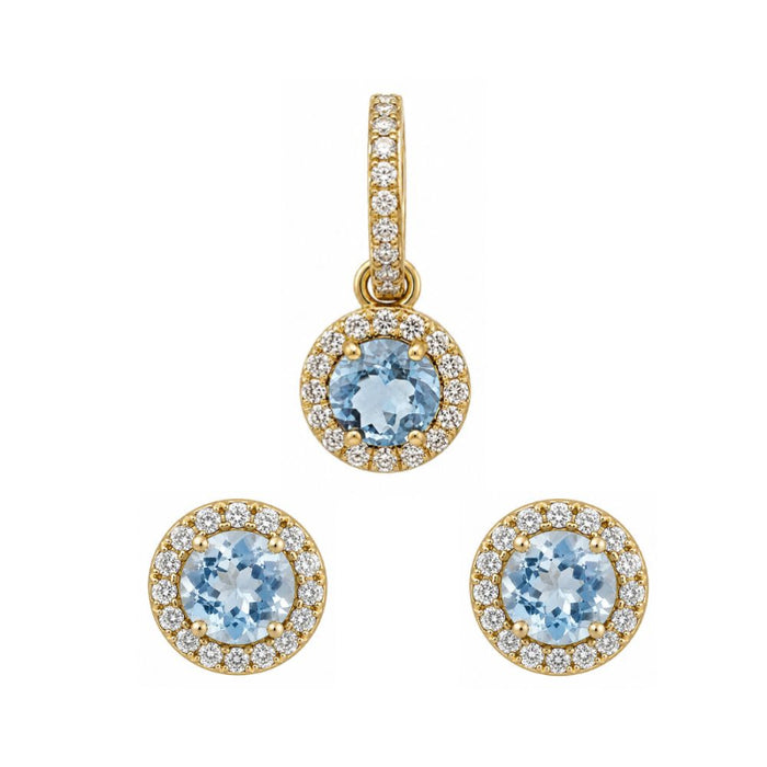 Set of 18K Yellow Gold Aquamarine & Diamonds Pendant & Earrings