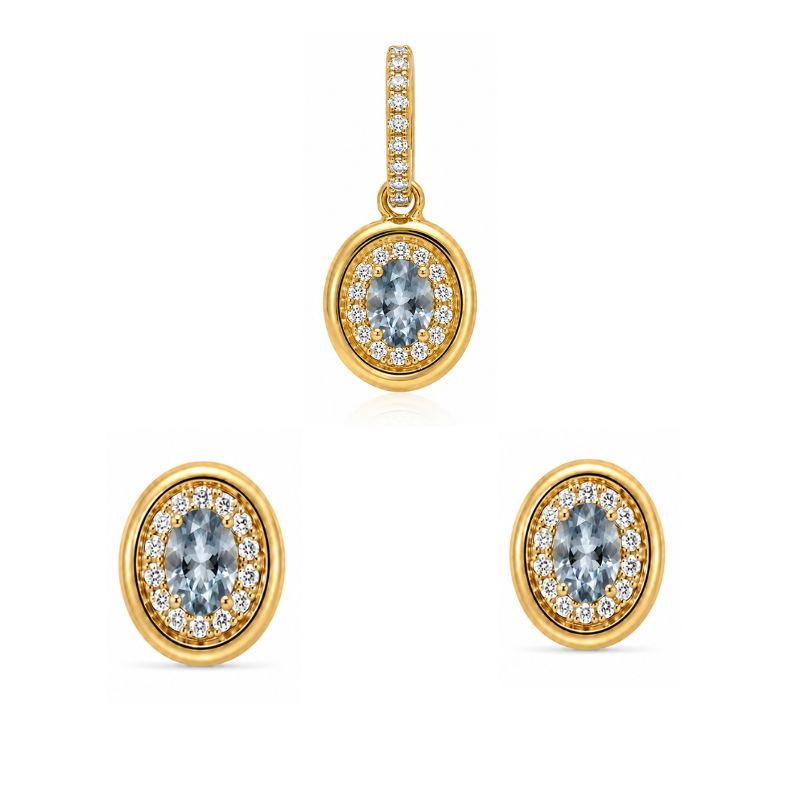 Set of 18K Yellow Gold Oval Aquamarine with Diamonds Pendant & Earrings