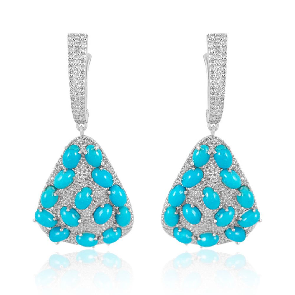 Sleeping Beauty Turquoise Ovals & Diamond Triangle Earrings.  Sleeping Beauty Turquoise: 14.010 ct Diamond: 2.77 ct Silver with Rhodium Plated: 10.27 grams Gold Post: 0.18 grams