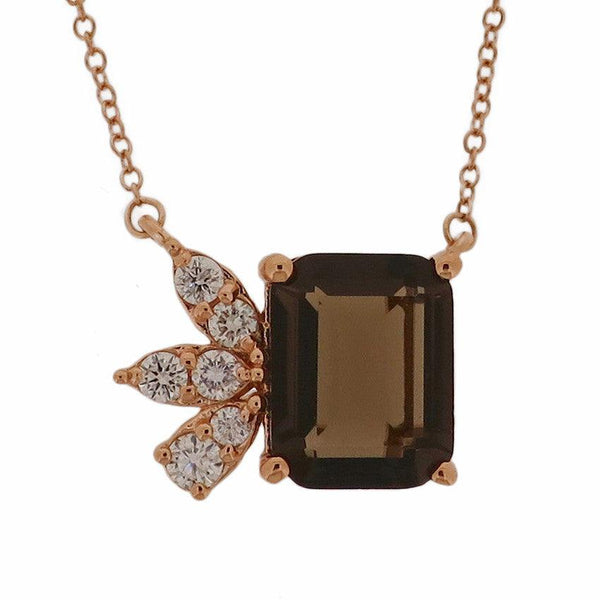 Emerald Cut Smoky Topaz with Diamond Leaf Pendant. 18K Rose Gold: 2.186 grams Diamond: 0.171 ct Smoky Topaz: 1.9 ct Chain