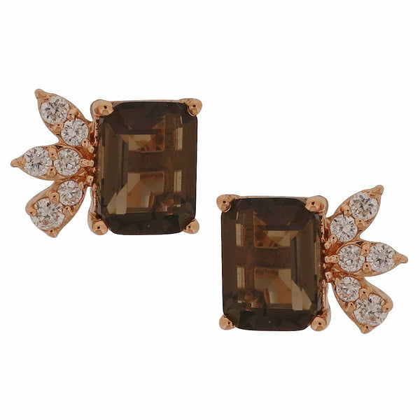 Smokey Topaz & Diamond Leaf Stud Earrings with 18K Rose Gold. Carefully curated into the Everyday Designs.   18K Rose Gold: 2.461 grams Diamond: 0.257 ct Smoky Topaz: 2.94 ct