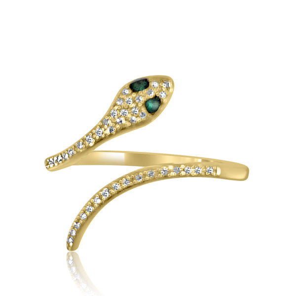 Gold with Diamond & Emerald Snake Ring, modern everyday jewelry.  14K Yellow Gold weight: 1.72 grams 44 Diamonds: 0.11 ct 2 Emerald: 0.02 ct