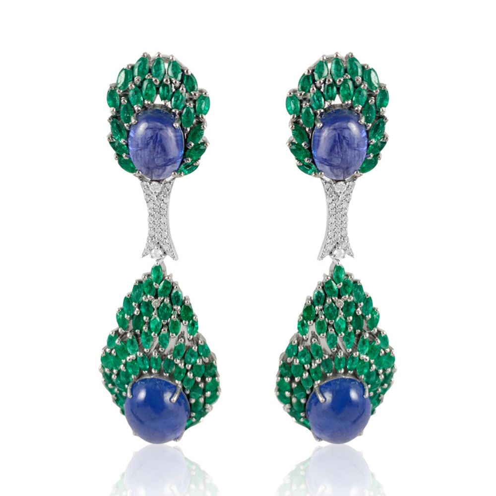 Tanzanite Cabochon & Emerald Marquise Peacock Earrings.  Emerald: 8.040 ct Tanzanite: 26.290 ct Diamond: 0.49 ct Silver with Rhodium  Plated: 20.88 grams 14K Gold Post: 0.18 grams