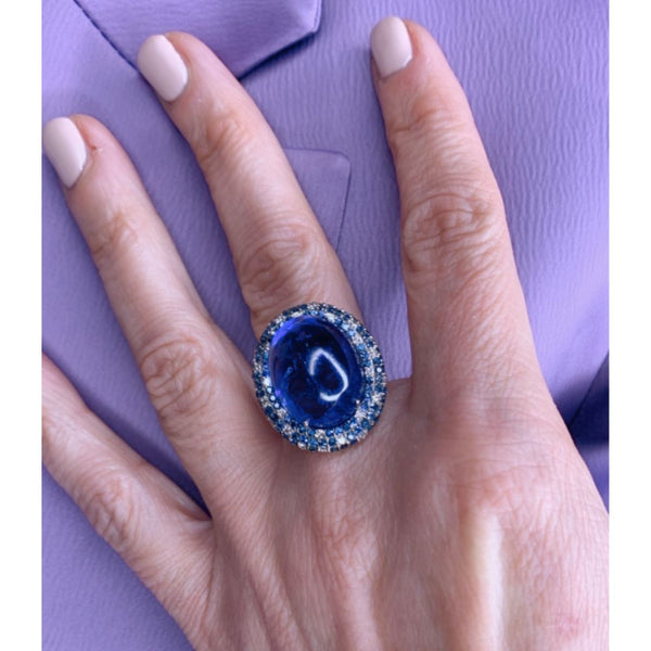 Tanzanite Cabochon with Blue Sapphire & Diamond Rings in 14K Gold