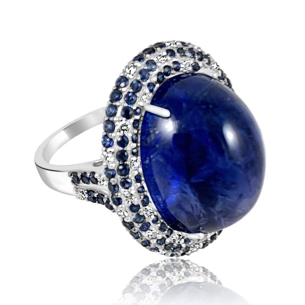 Tanzanite Cabochon with Blue Sapphire & Diamond Rings in 14K White Gold