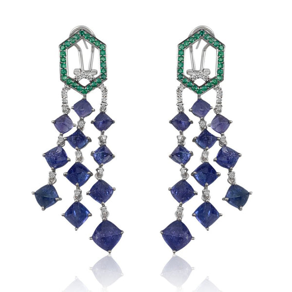 Tanzanite Sugarloaf Dangle with Emerald Earrings.  Emerald: 8.040 ct Tanzanite: 26.290 ct Diamond: 0.49 ct Silver with Rhodium  Plated: 20.88 grams 14K Gold Post: 0.18 grams