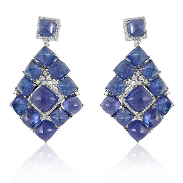 Tanzanite Sugarloaf & Diamond Big Earring.  Tanzanite: 78.62 ct   Diamond: 1.05 ct Silver w/ithRhodium Plated: 20.00 grams Gold Post