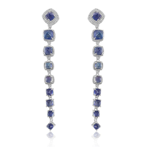 Tanzanite Sugarloaf & Diamond Long Earrings  Tanzanite: 19.070 ct Diamond: 1.4 ct Silver with Rhodium Plated: 11.15 grams 14K Gold Post: 0.18 grams