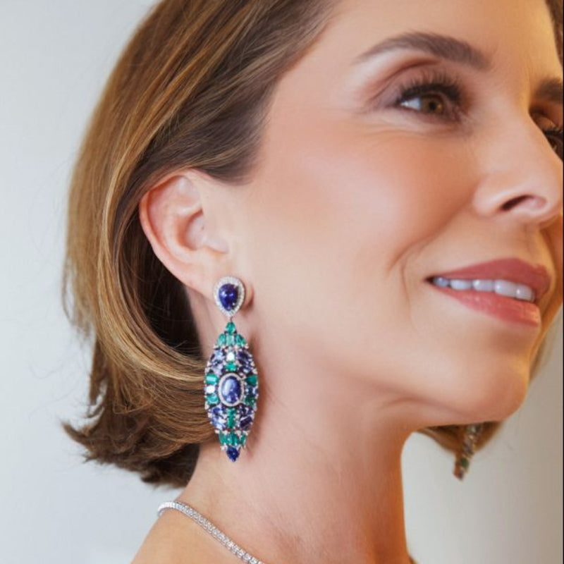 Tanzanite & Emerald Long Drop Earrings