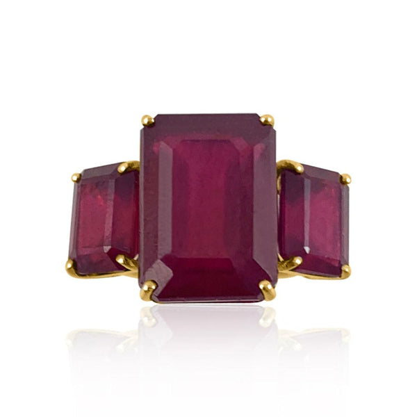 Three Stone Ruby with  14K Yellow Gold Rings  14K Yellow Gold: 2.99 grams Ruby:  15.260 ct Diamond: 0.05 ct
