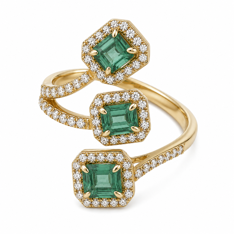 Three Emerald & Diamond on 18K Yellow Gold Ring