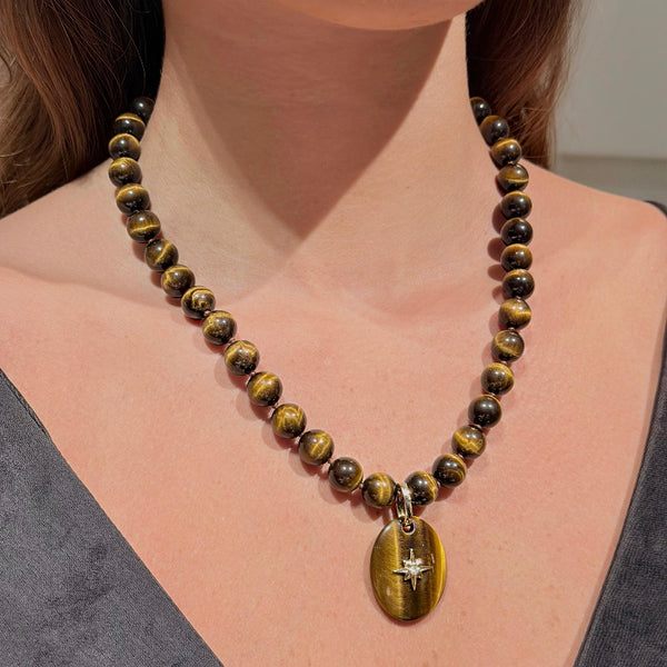 Tiger eye with Yellow Gold Charm & Necklace