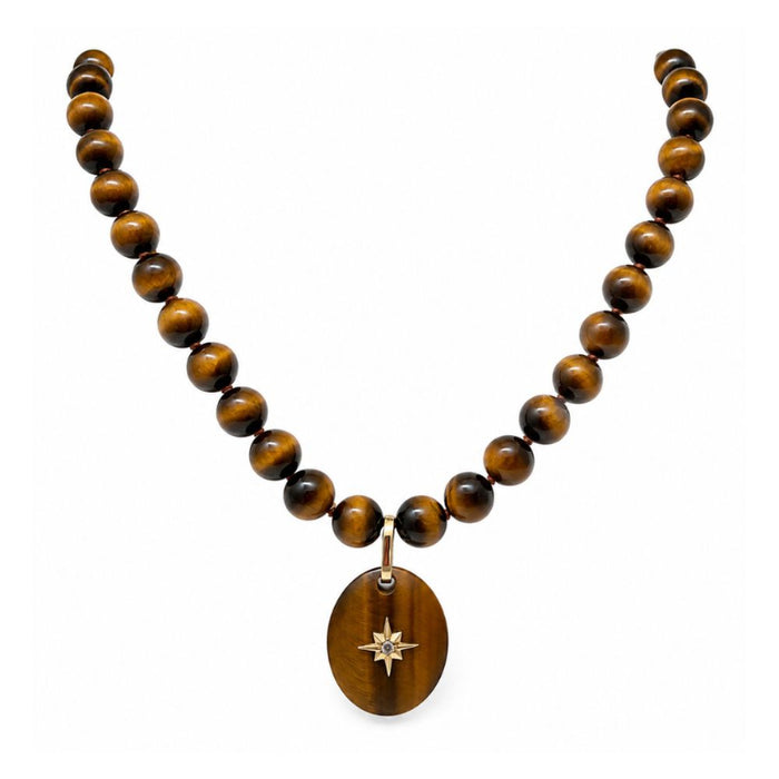 Tiger eye with Yellow Gold Charm & Necklace