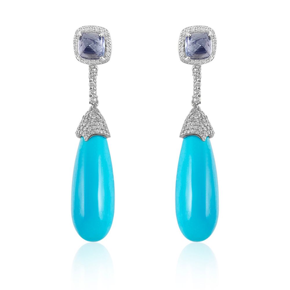 Turquoise Drop & Tanzanite Earrings  Sleeping Beauty Turquoise: 55.70 ct Tanzanite: 3.940ct Diamond: 1.09 ct Silver with Rhodium Plated: 4.34 grams Gold Post: 0.18 grams